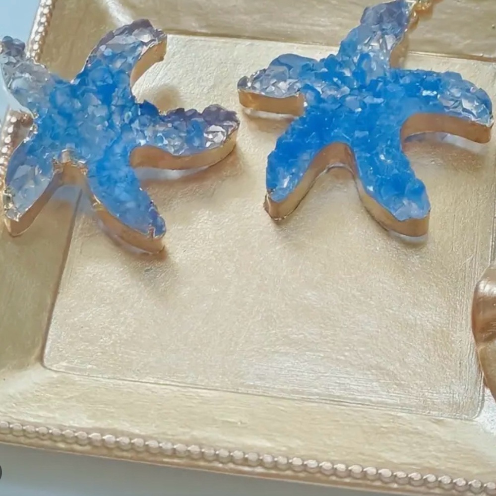 “Blue Druzy Starfish” Gold Dipped Geode Ocean Sea Marine Tropical Steel Earrings - Picture 4 of 11